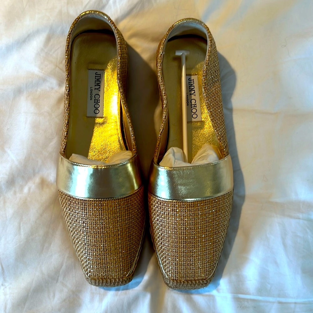 Jimmy Choo Dru Flat Natural/Gold never worn still in box!  Dust bag included.